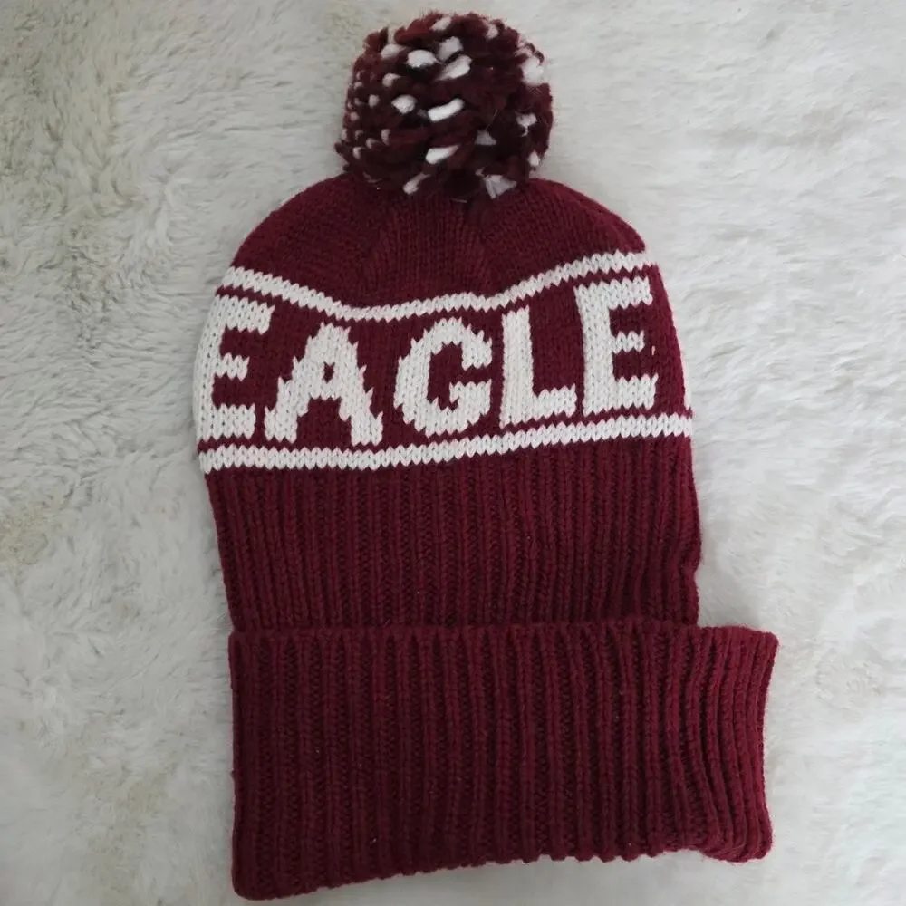 American Eagle Maroon White Pom Pom Beanie NWT Wool Blend Chunky Knit Winter Hat